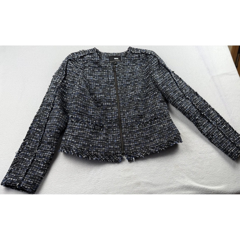 Banana Republic Black Blue Tweed Fringe Trim Cropped Blazer Jacket Zipper Sz 8